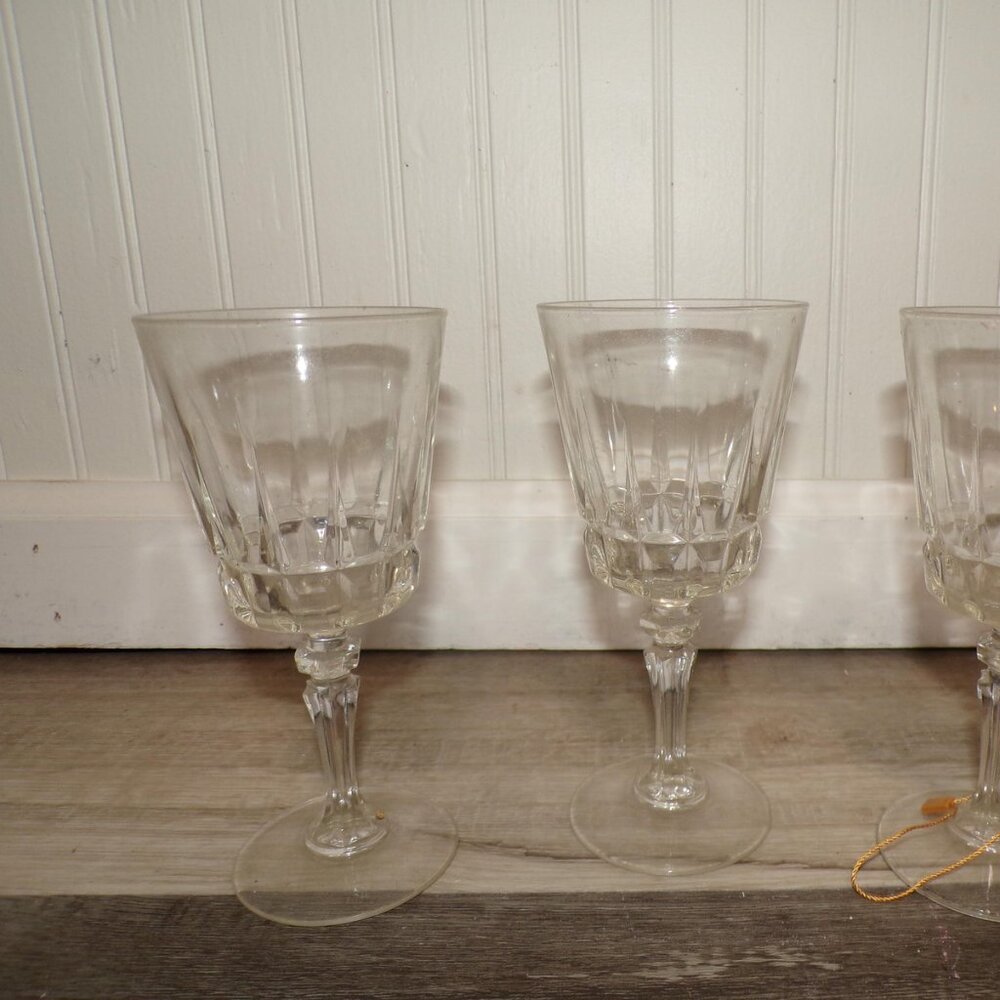 Unmarked Clear Paneled Pressed Glass Wine Goblets Set 3 Decorative Barware